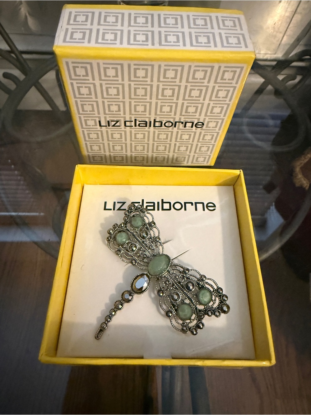 Liz Claiborne Silver-Tone Dragon Fly Brooch with Green Stones